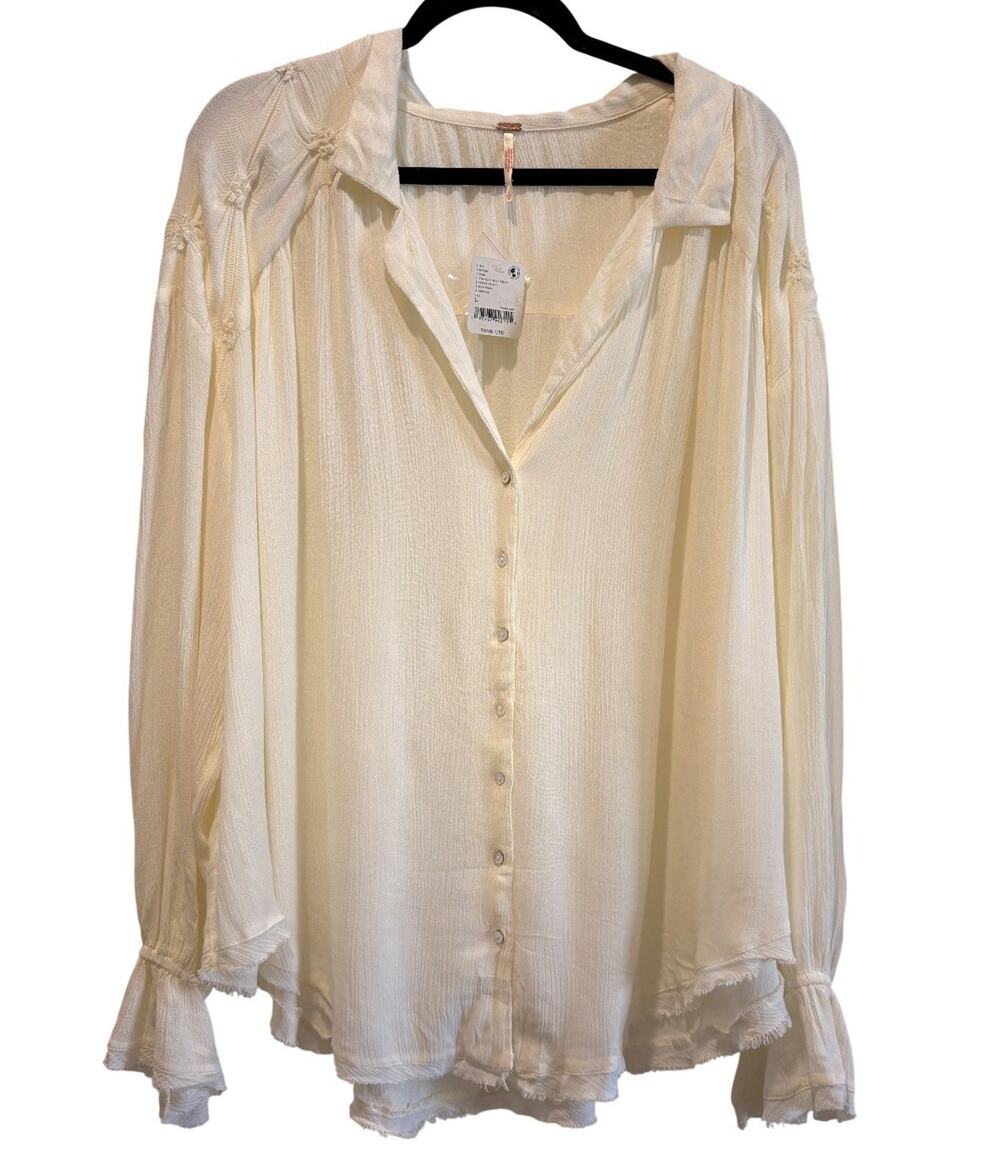 Free People NWT $98 Olivia Ivory Peasant Blouse Button Down V-Neck L